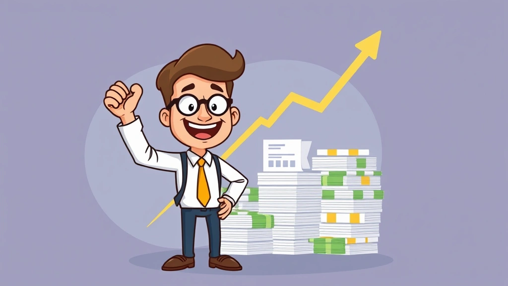 Cartoon freelancer celebrating financial growth with upward trending graph, piggy bank, and stacks of organized invoices, diverse income streams shown as different colored money flows, confident successful pose
