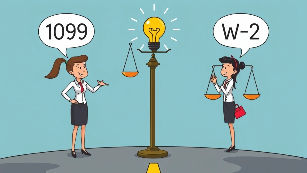 Cartoon professional at crossroads with 1099 and W-2 paths, weighing scale comparing benefits versus flexibility, lightbulb representing decision-making and career planning