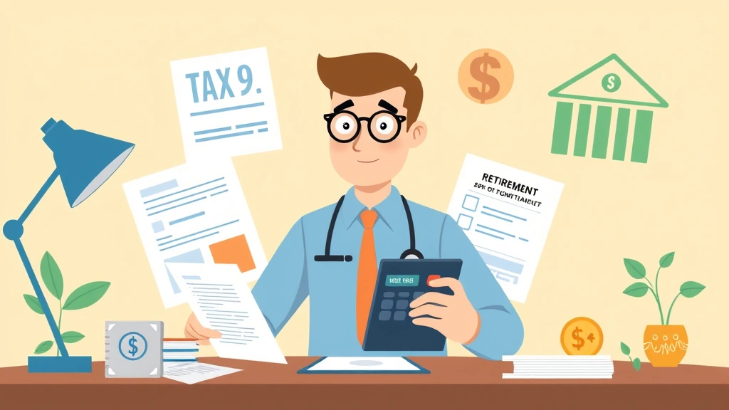 Animated illustration of a 1099 contractor managing finances with calculator, tax forms, health insurance documents, and retirement planning symbols, organized and positive tone