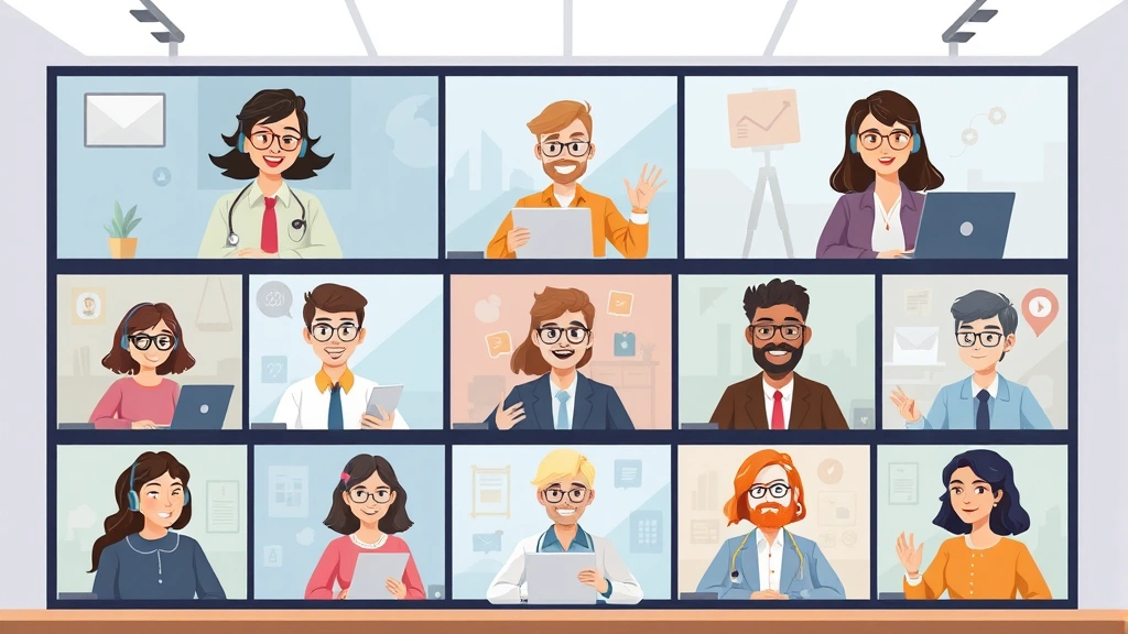 Cartoon diverse group of remote workers on video call screens, collaborating together from different locations, showing flexibility and global networking in 1099 work, modern and professional
