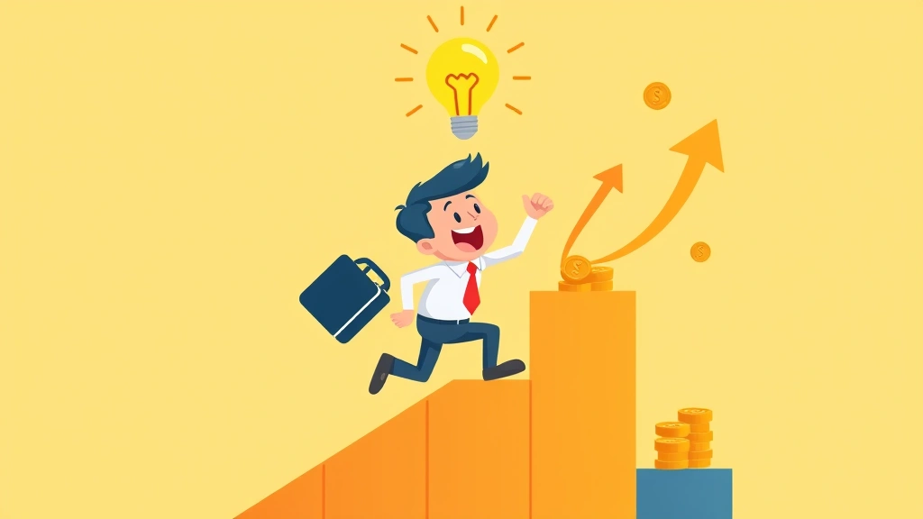 Cartoon character climbing upward on ascending bar chart with briefcase, light bulb above head, coins falling like rain, growth arrows, successful determined expression, bright colors
