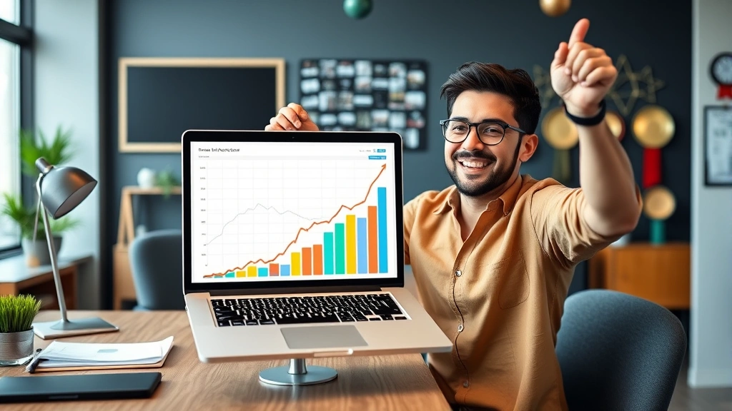 Freelancer celebrating business success with laptop showing growth chart, income rising upward, colorful graph visualization, happy expression, office environment with awards and accomplishments visible