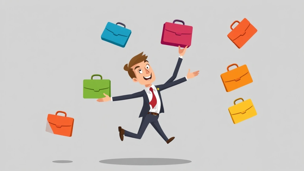Cartoon character juggling multiple clients represented as different colored briefcases, maintaining balance with happy expression, dynamic motion lines, professional attire