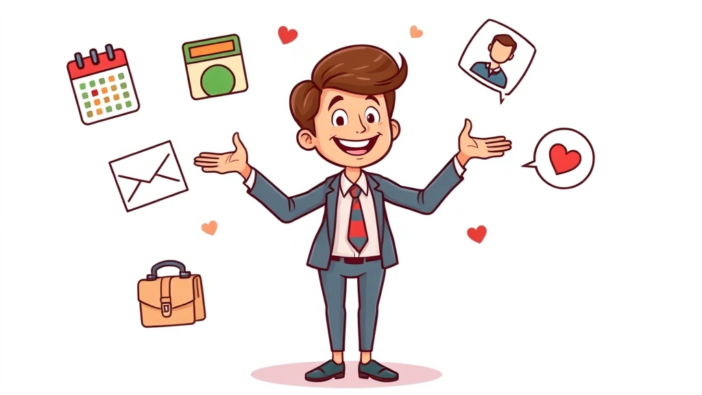 Cartoon figure juggling multiple client icons, calendar, money, and briefcase symbols, showing work-life balance and multitasking, cheerful professional tone, no text