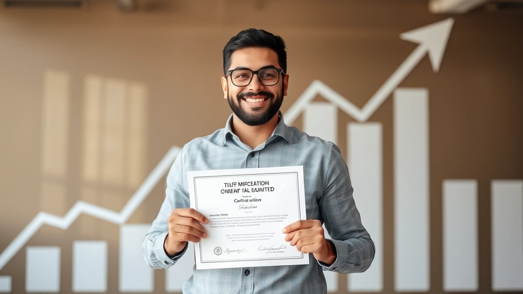 Successful self-employed professional celebrating milestone achievement, holding certificate or award, upward trending graph in background, energetic and accomplished demeanor