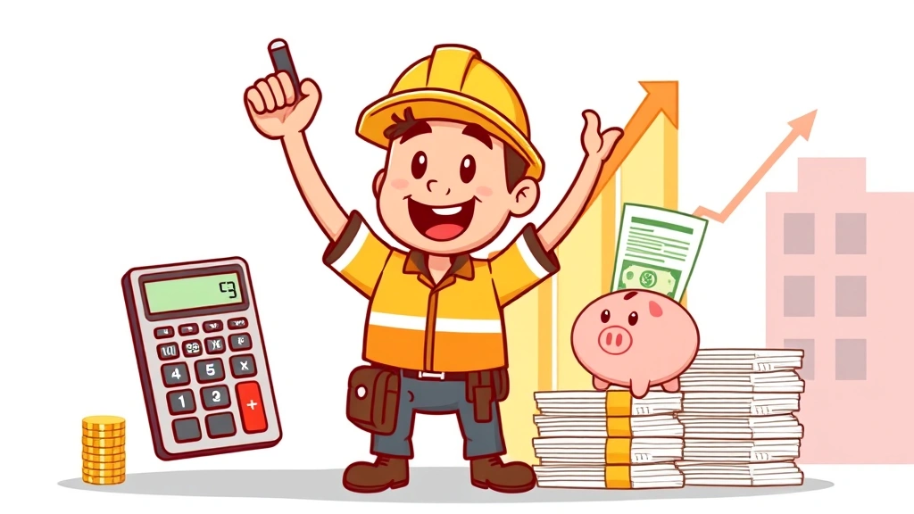 Cartoon contractor celebrating financial success, calculator showing numbers, upward trending graph, piggy bank, tax documents organized neatly, money growing concept, happy achievement pose