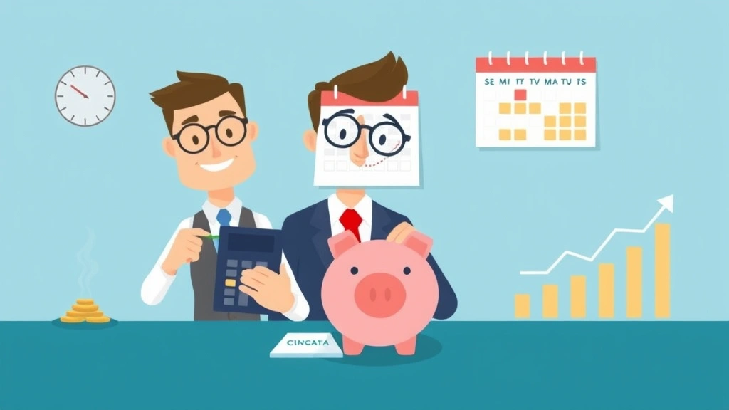 Cartoon illustration of self-employed professional planning finances with calculator, piggy bank, calendar showing quarterly tax dates, and growth chart, organized and prepared demeanor