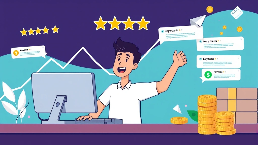 Cartoon illustration of freelancer at computer celebrating success with upward trending graph, happy clients giving five-star reviews, and multiple income streams flowing in. Coins, cash, and positive notifications representing business growth and prosperity.