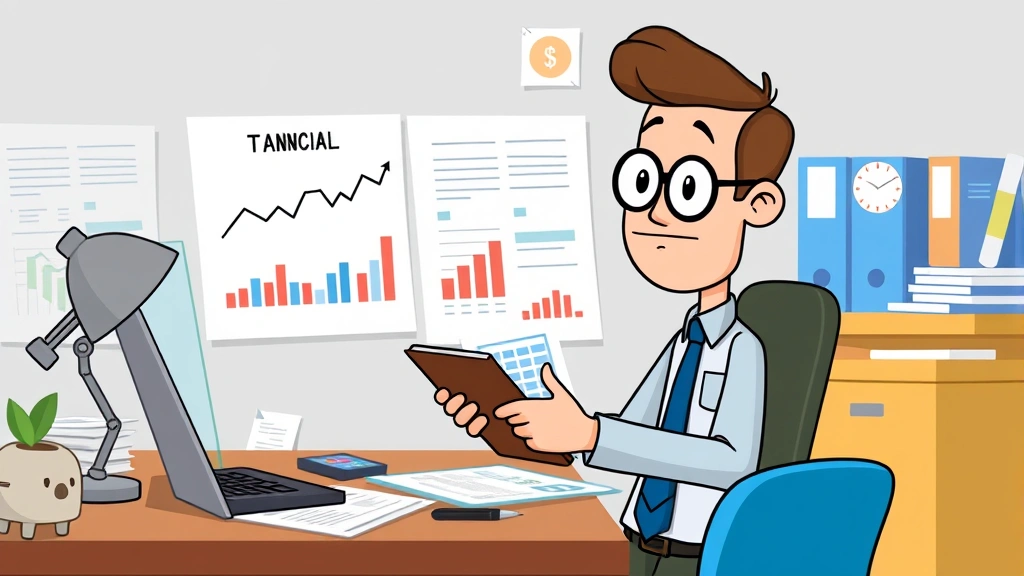 Cartoon character analyzing financial charts and tax documents with calculator, piggy bank, and retirement planning icons, organized desk with filing systems