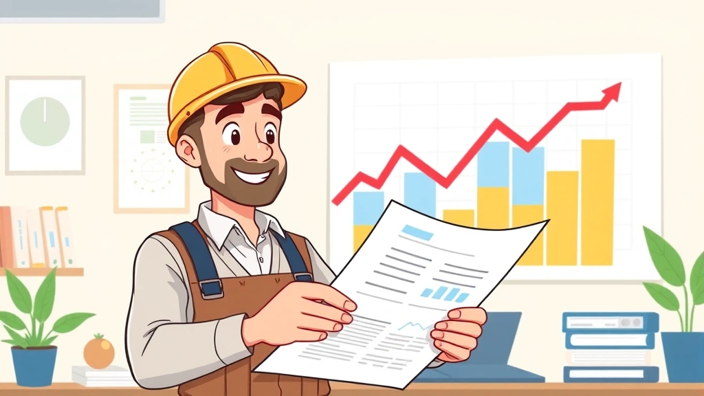 Successful contractor reviewing contract documents and financial charts with satisfied expression, professional cartoon style, showing growth graph and business metrics in background, organized workspace