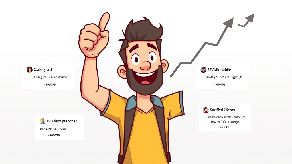 Cartoon freelancer celebrating success with rising income graph, thumbs up, and satisfied clients giving testimonials, showing growth and reputation building in 1099 career
