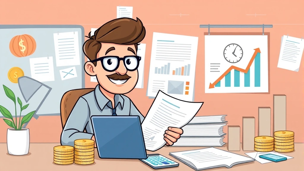 Cartoon freelancer organizing financial documents and calculator, tax forms, money symbols, coins, and growth chart, building business success with organized systems