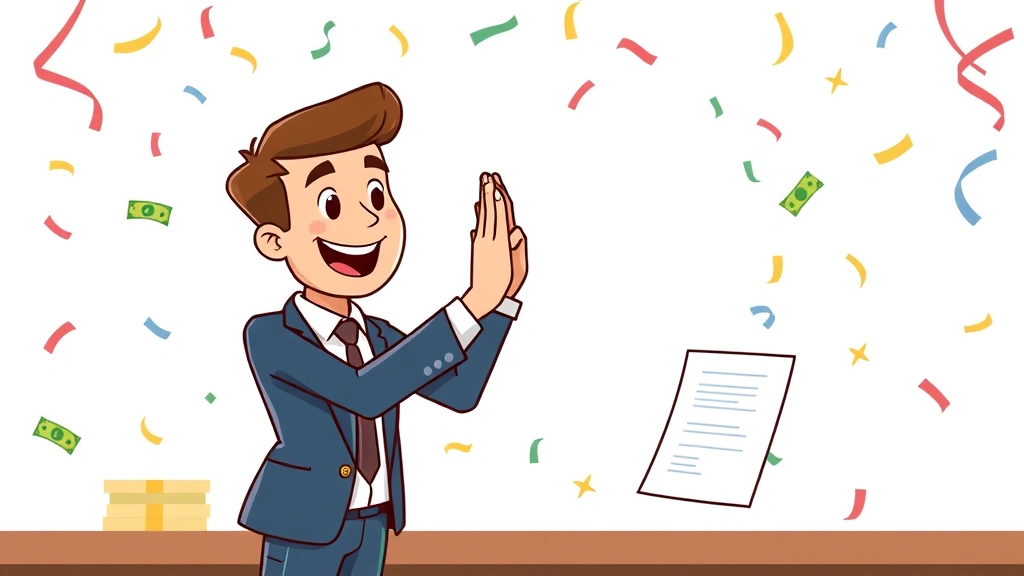 Cartoon illustration of a professional celebrating successful contract completion with client handshake, high-five gesture, money symbols, and celebration confetti