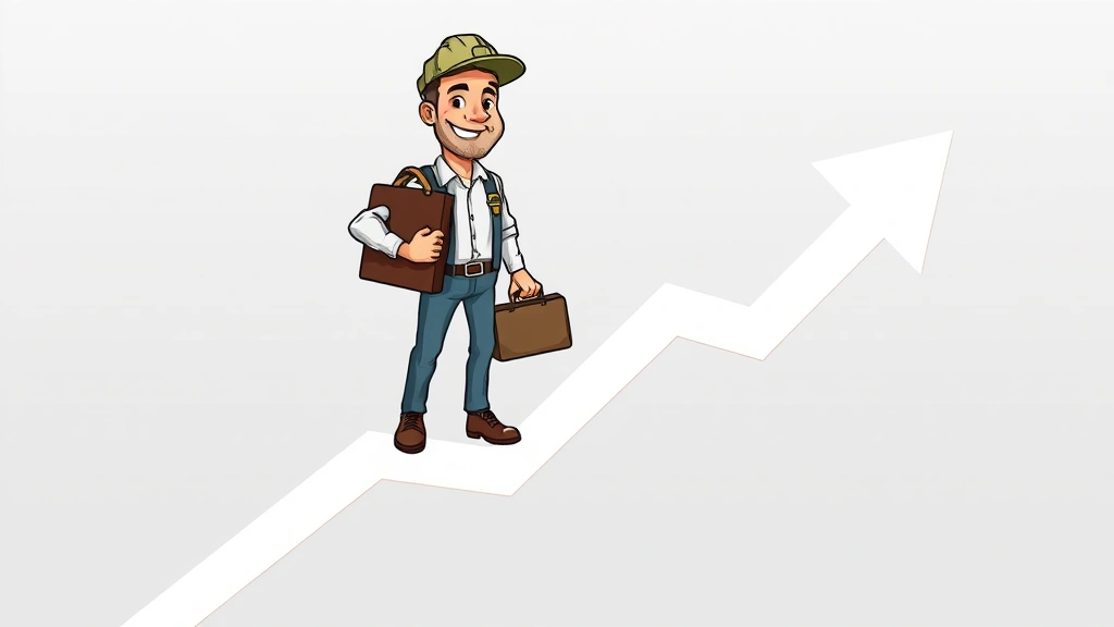 Cartoon illustration of a confident contractor holding a briefcase and standing on an upward trending arrow graph line, symbolizing growing income and business success