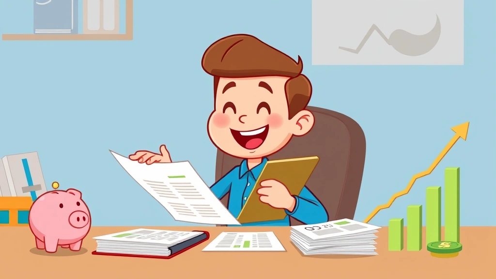 Cheerful cartoon character reviewing financial documents and tax forms at desk with calculator, piggy bank, and growth chart showing increasing income trend