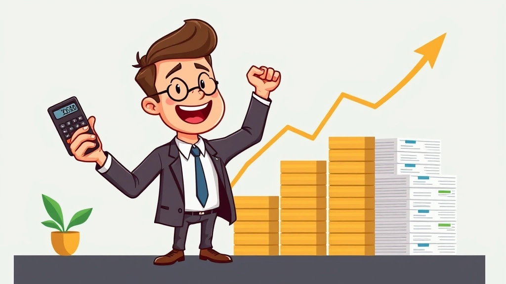 Cartoon entrepreneur celebrating financial success with growing income chart, calculator, and stacks of invoices, representing freelance business growth and scaling