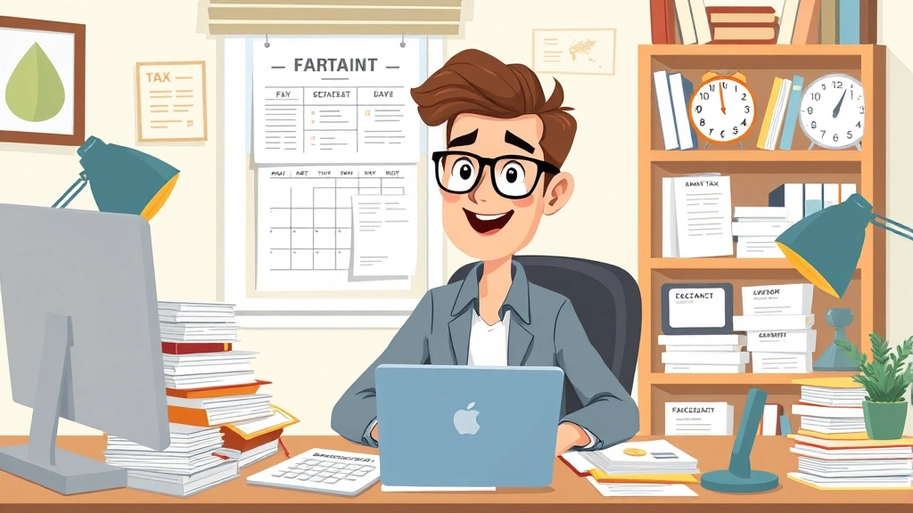 Cartoon freelancer at home office with tax documents, receipts organized in folders, calendar marking quarterly tax payment dates, organized and prepared
