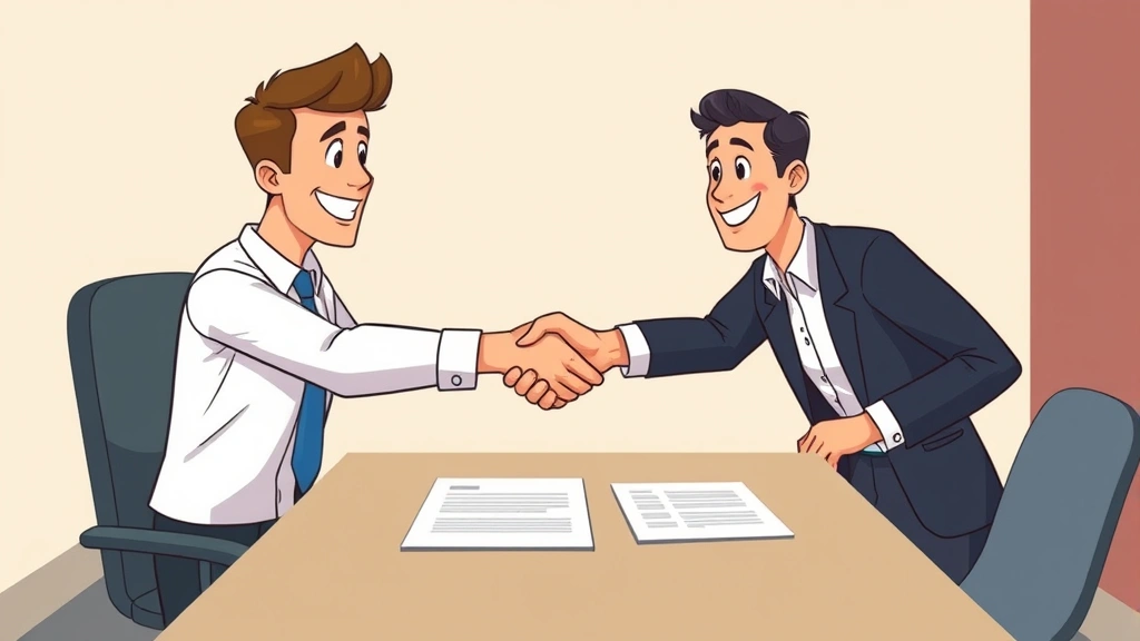 Cartoon professional shaking hands with client across desk, contract papers visible, both smiling, representing successful negotiation and client relationship building