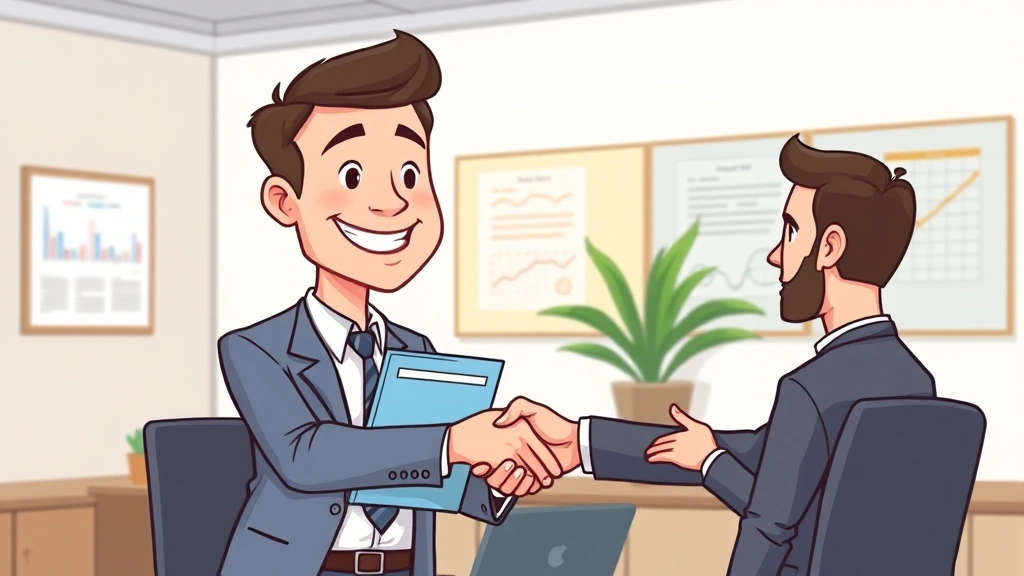 Cartoon businessman confidently shaking hands with client while holding folder with checkmark, representing successful contract negotiation, modern office setting with charts on wall