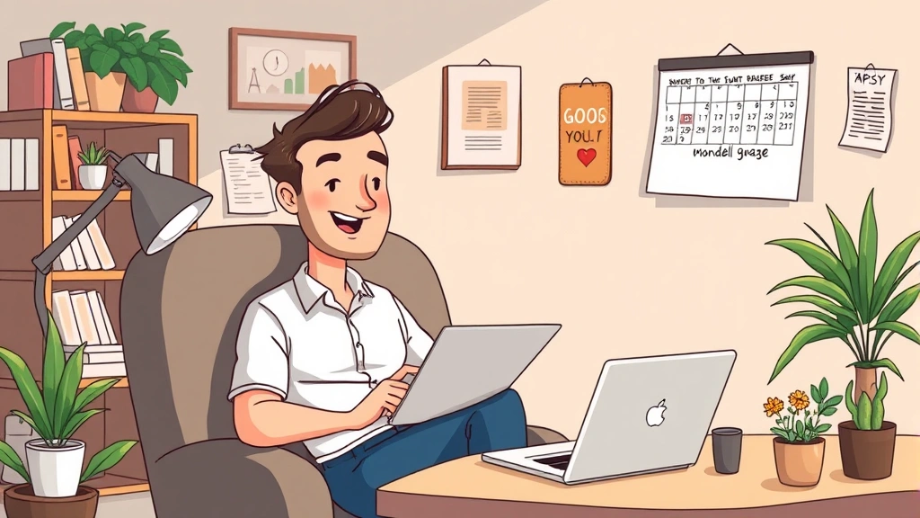 Cartoon independent contractor relaxing at home office with flexible schedule, calendar showing freedom, relaxed professional atmosphere, work-life balance