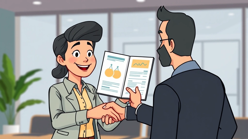 Cartoon person confidently presenting portfolio to smiling client, handshake moment, professional setting, no text