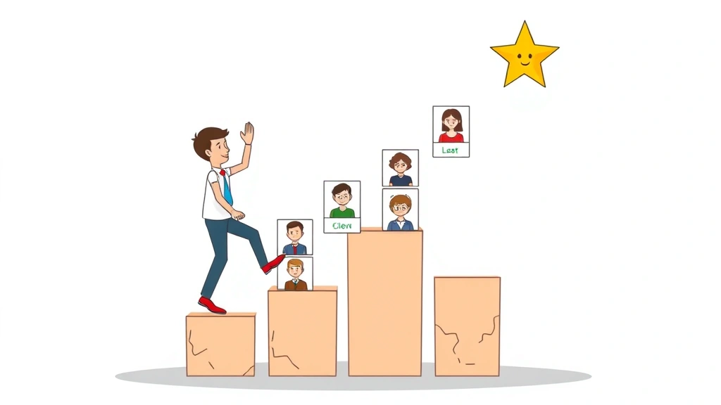Cartoon freelancer climbing upward growth chart with multiple client profiles shown as stepping stones, reaching toward success star, briefcase in hand, energetic pose
