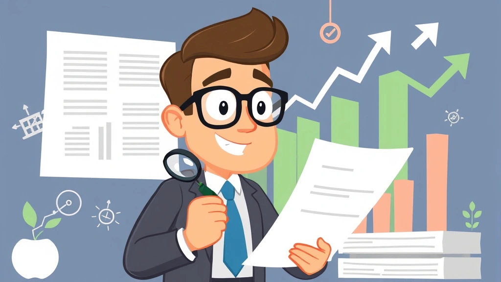 Cartoon business professional reviewing contract documents and financial spreadsheets with magnifying glass, checkmark symbols, and growth arrows in background