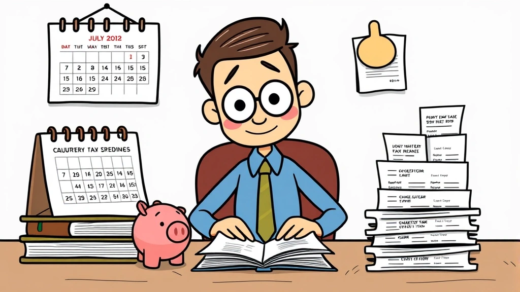Cartoon character organizing financial documents with calendar showing quarterly tax deadlines, piggy bank for savings, and business expense receipts neatly filed
