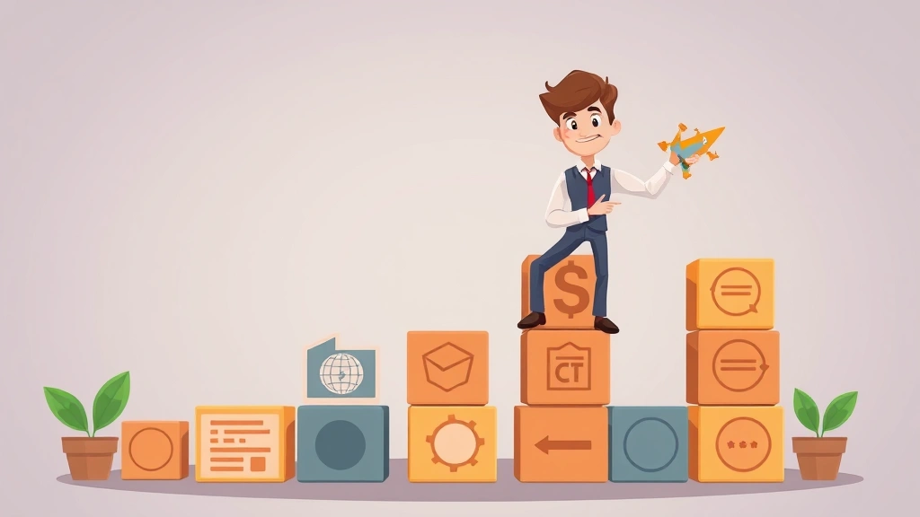 Cartoon freelancer building upward with blocks representing skills, certifications, and experience, growth chart in background, achieving success with confidence