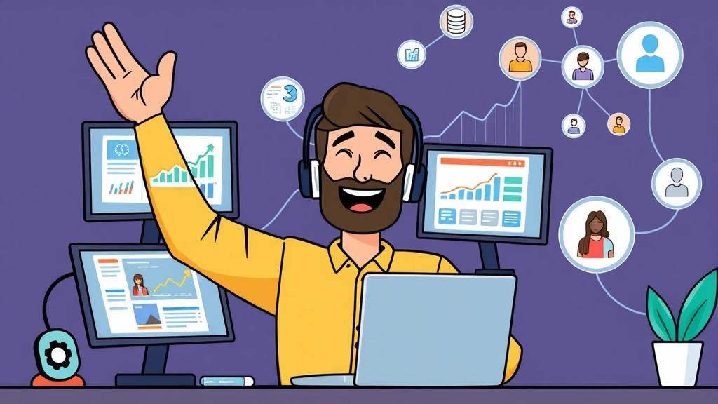 A happy remote worker celebrating success with multiple client project files displayed on screens, growth chart trending upward, diverse team icons connected by network lines, cartoon style