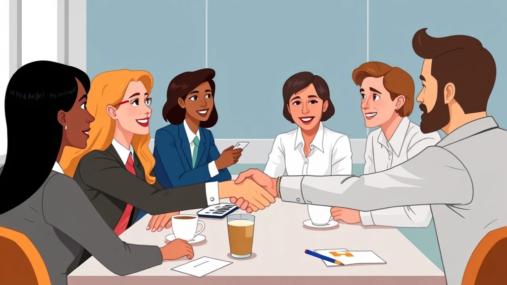 Cartoon diverse group of professionals networking at conference table with handshakes, coffee cups, and business cards being exchanged, collaborative and friendly atmosphere