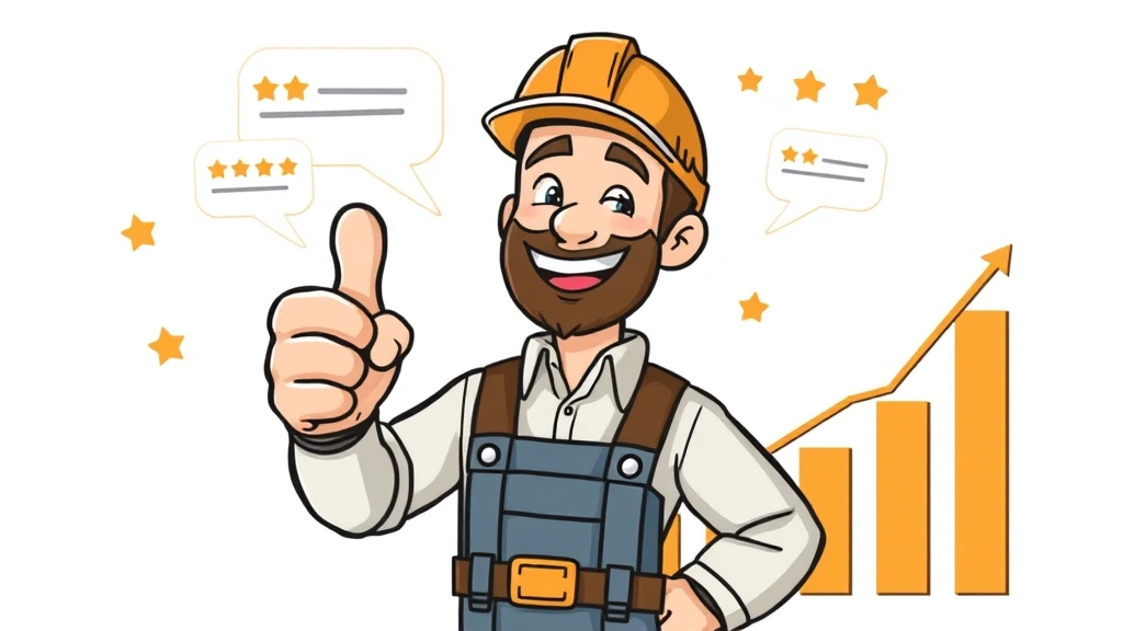Cheerful contractor character with thumbs up surrounded by positive review stars, testimonial bubbles, and growth charts showing increasing income trends over time