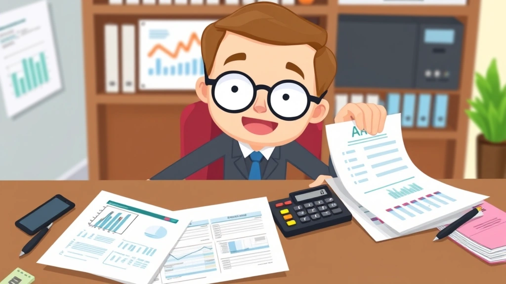Cartoon accountant or financial advisor at desk with spreadsheet, calculator, and tax forms, professional setting with charts and graphs visible