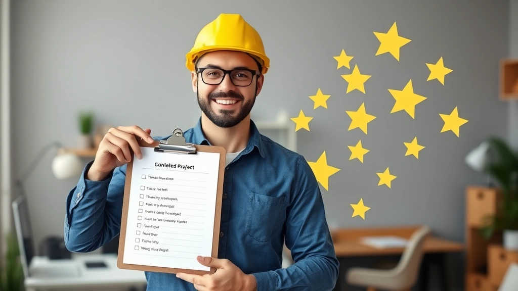 Confident contractor holding clipboard with completed project checklist, client testimonial stars floating nearby, professional home office background, celebratory pose