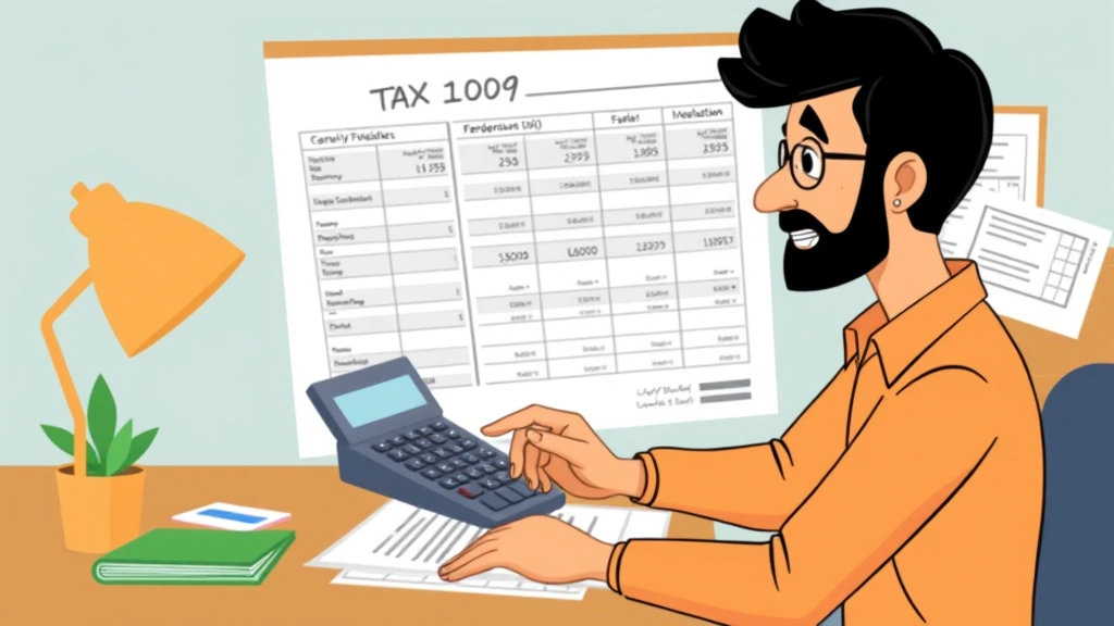 Cartoon independent worker reviewing financial documents and tax forms with calculator and spreadsheet, representing 1099 financial planning and tax responsibilities