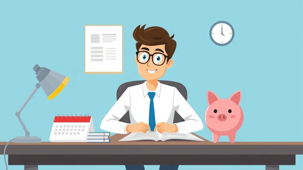 Cartoon illustration of a freelancer at a desk with tax forms, calendar, and piggy bank, symbolizing financial management and tax planning for contractors