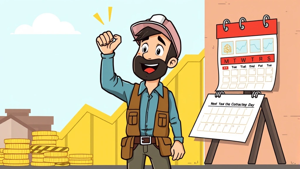 Cartoon independent contractor celebrating success with upward trending graph, dollar signs, and calendar showing booked projects