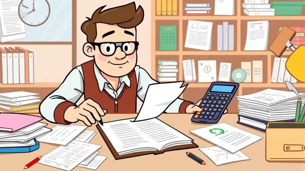 Cartoon illustration of independent contractor calculating taxes and organizing financial documents, with calculator, receipts, and business expense records visible