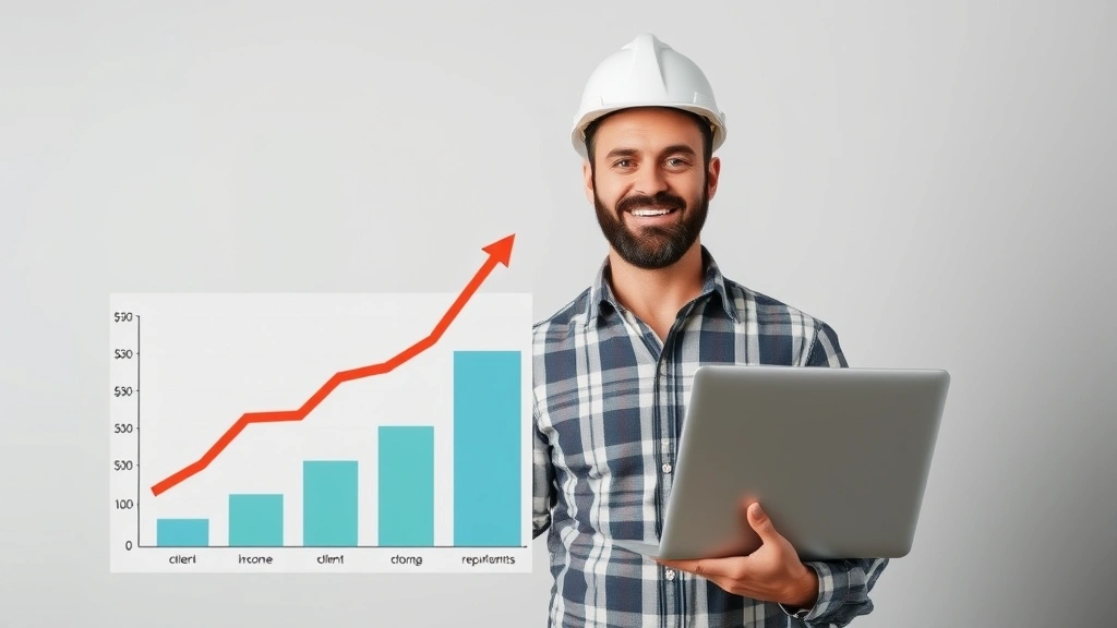 Confident contractor presenting growth chart with upward arrow, laptop, and client testimonials visible, representing income scaling and reputation building