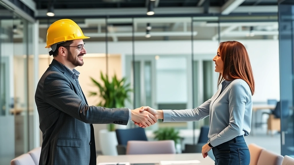 A contractor shaking hands with a client during a professional meeting in a modern office setting, representing successful contract negotiation and business relationship building