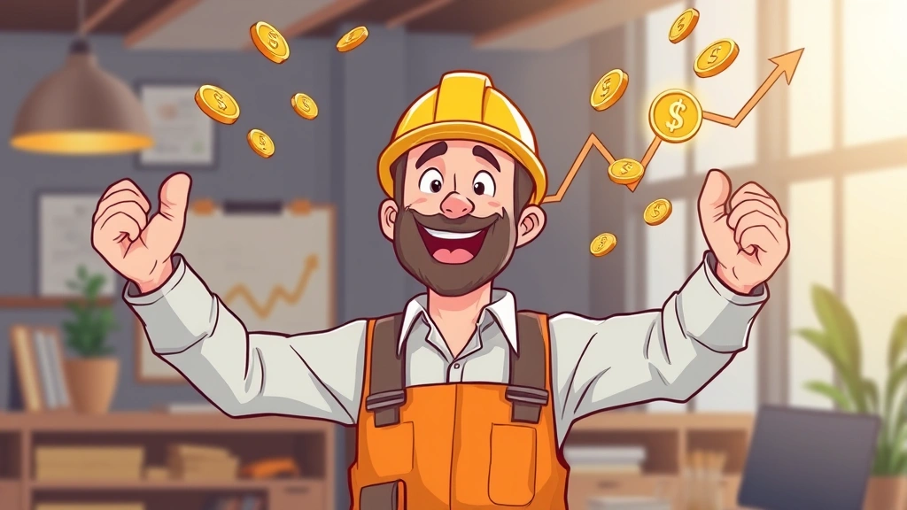 Cartoon contractor celebrating financial success with upward trending graph, coins and money symbols floating around, happy expression, professional business setting with warm lighting