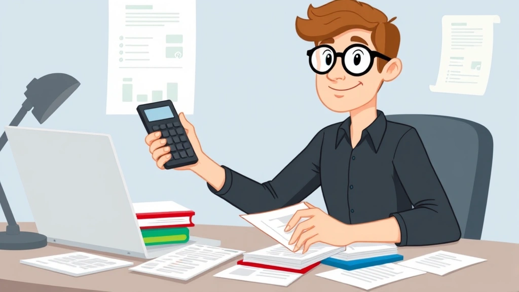 Freelancer managing finances with calculator, laptop, and organized documents on desk, confident expression, representing tax planning and business management, cartoon style illustration