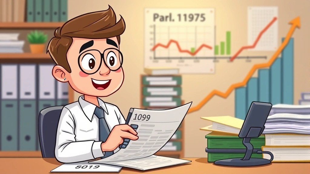 Cartoon accountant or financial advisor reviewing 1099 tax forms and calculator with organized spreadsheets, filing system, and growth chart in background, professional attire