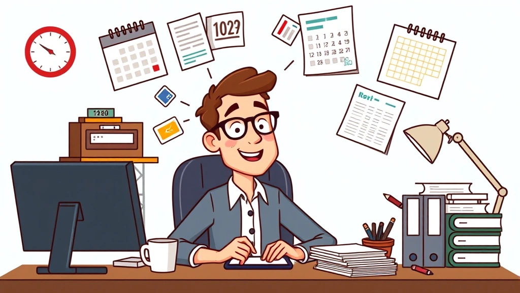 Cartoon self-employed professional juggling multiple 1099 projects, calendar, invoices, and tax documents, organized desk setup with filing system, coffee cup, happy focused expression, productive workspace