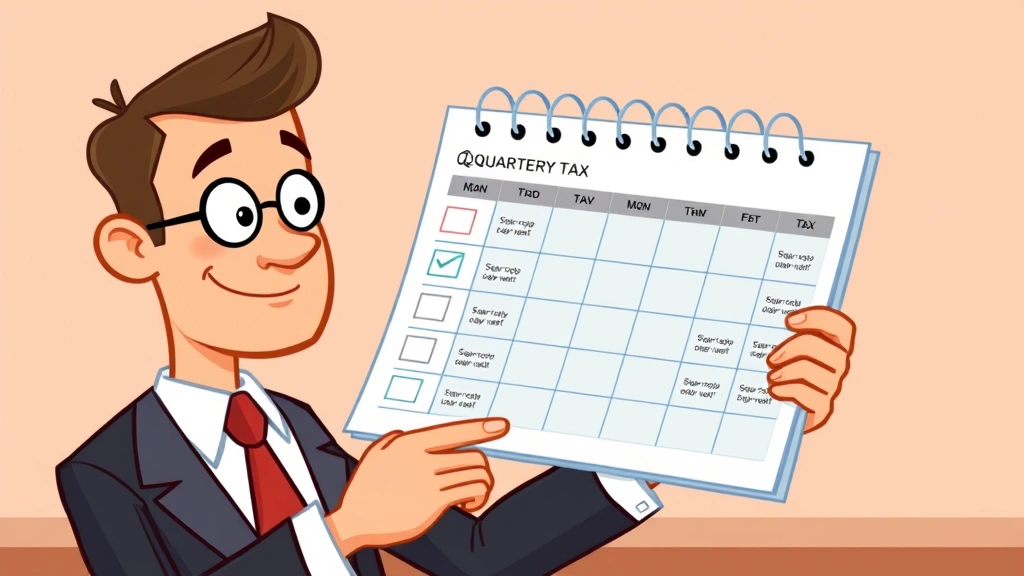 Cartoon person reviewing quarterly tax calendar with checkmarks on payment dates, organized planner, professional attire, satisfied expression