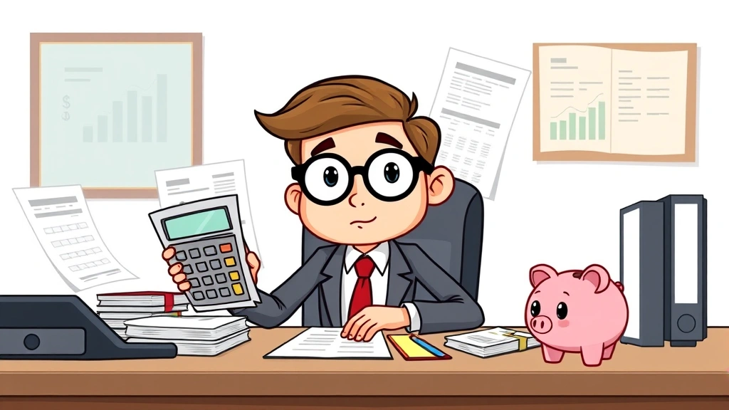 Cartoon accountant or financial advisor with calculator, spreadsheets, tax forms, and piggy bank, professional attire, focused expression, organized desk