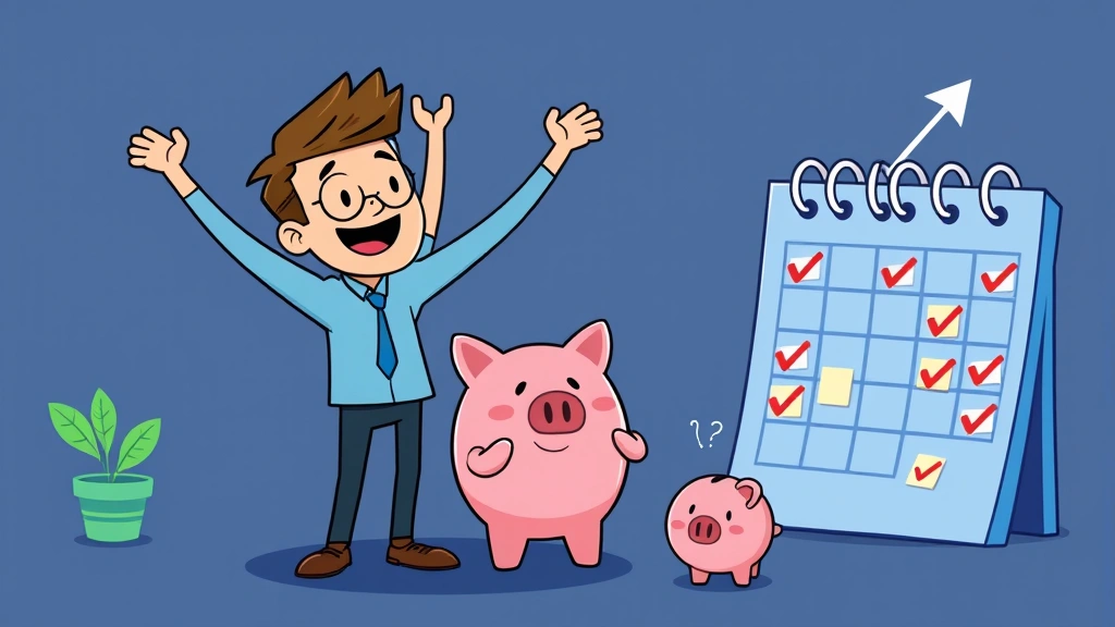Cartoon freelancer celebrating with upward trending income chart, piggy bank, calendar showing scheduled projects, calendar blocks and checkmarks, positive energetic vibe