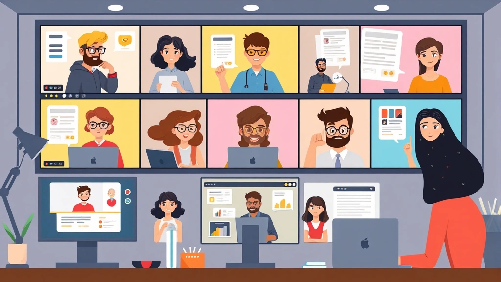 Cartoon diverse freelancers collaborating online, multiple screens showing video calls and project management tools, modern digital workspace