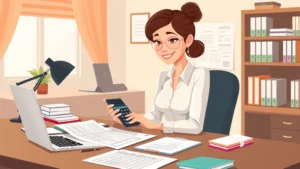 Professional woman at home office desk reviewing financial documents and tax forms with calculator and laptop, cartoon style illustration, warm lighting, organized workspace
