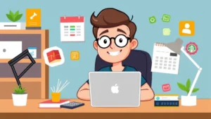 Cartoon freelancer sitting at desk with laptop, calendar, and calculator, surrounded by colorful project icons, professional and friendly atmosphere